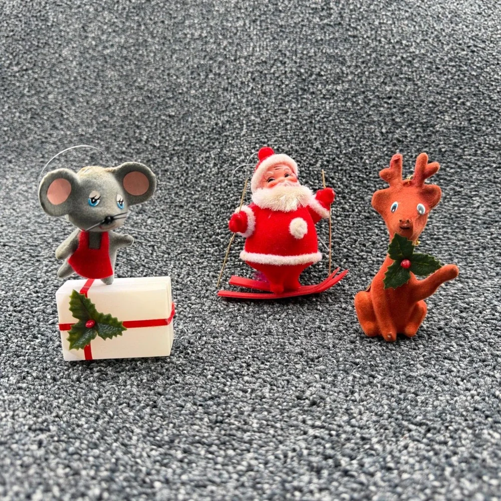 Vintage Flocked Christmas Ornaments Set Santa Skier Reindeer Mouse‎ Mid Century